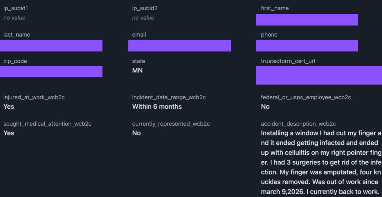 A delivered workers compensation lead, showing the screening answers and the claimant's own account of the injury, with their name, email and phone masked (example 1 of 6)