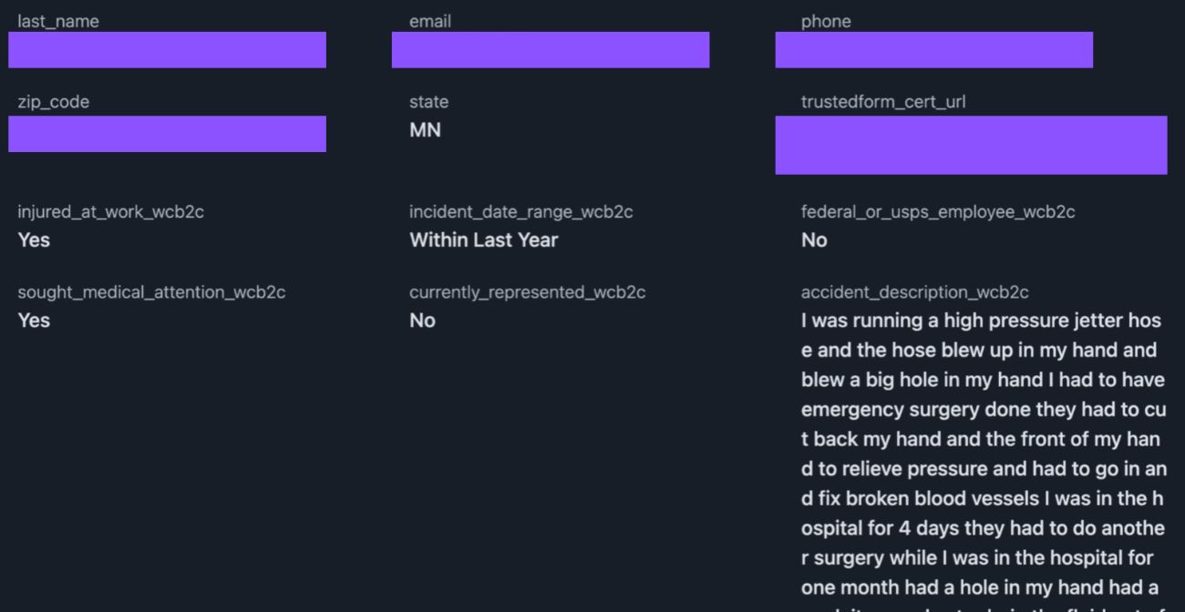 A delivered workers compensation lead, showing the screening answers and the claimant's own account of the injury, with their name, email and phone masked (example 2 of 6)