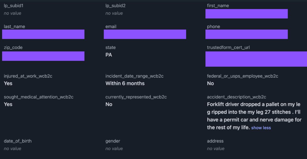 A delivered workers compensation lead, showing the screening answers and the claimant's own account of the injury, with their name, email and phone masked (example 3 of 6)