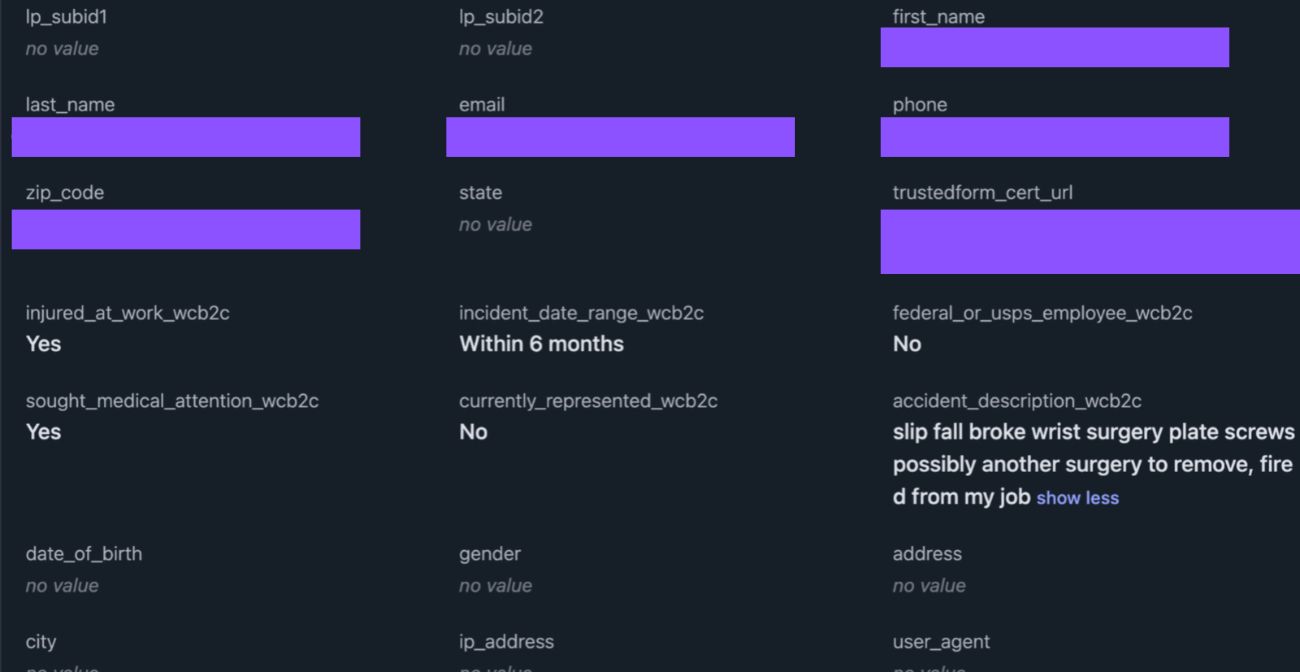 A delivered workers compensation lead, showing the screening answers and the claimant's own account of the injury, with their name, email and phone masked (example 4 of 6)