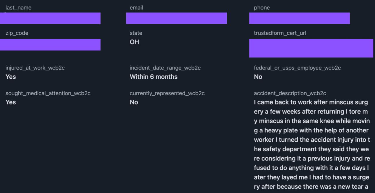 A delivered workers compensation lead, showing the screening answers and the claimant's own account of the injury, with their name, email and phone masked (example 5 of 6)